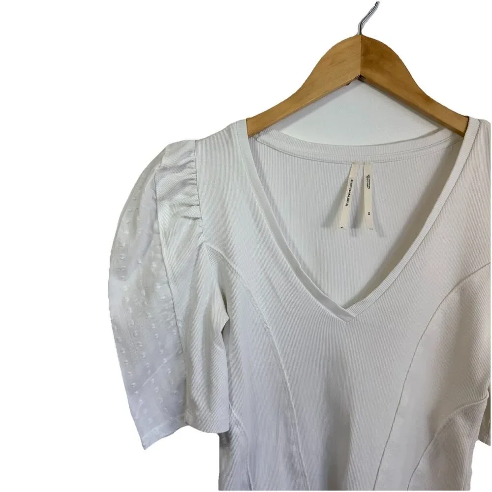By Anthropologie Puff-Sleeve Structured V-Neck Tee Blouse T-Shirt Ribbed XS